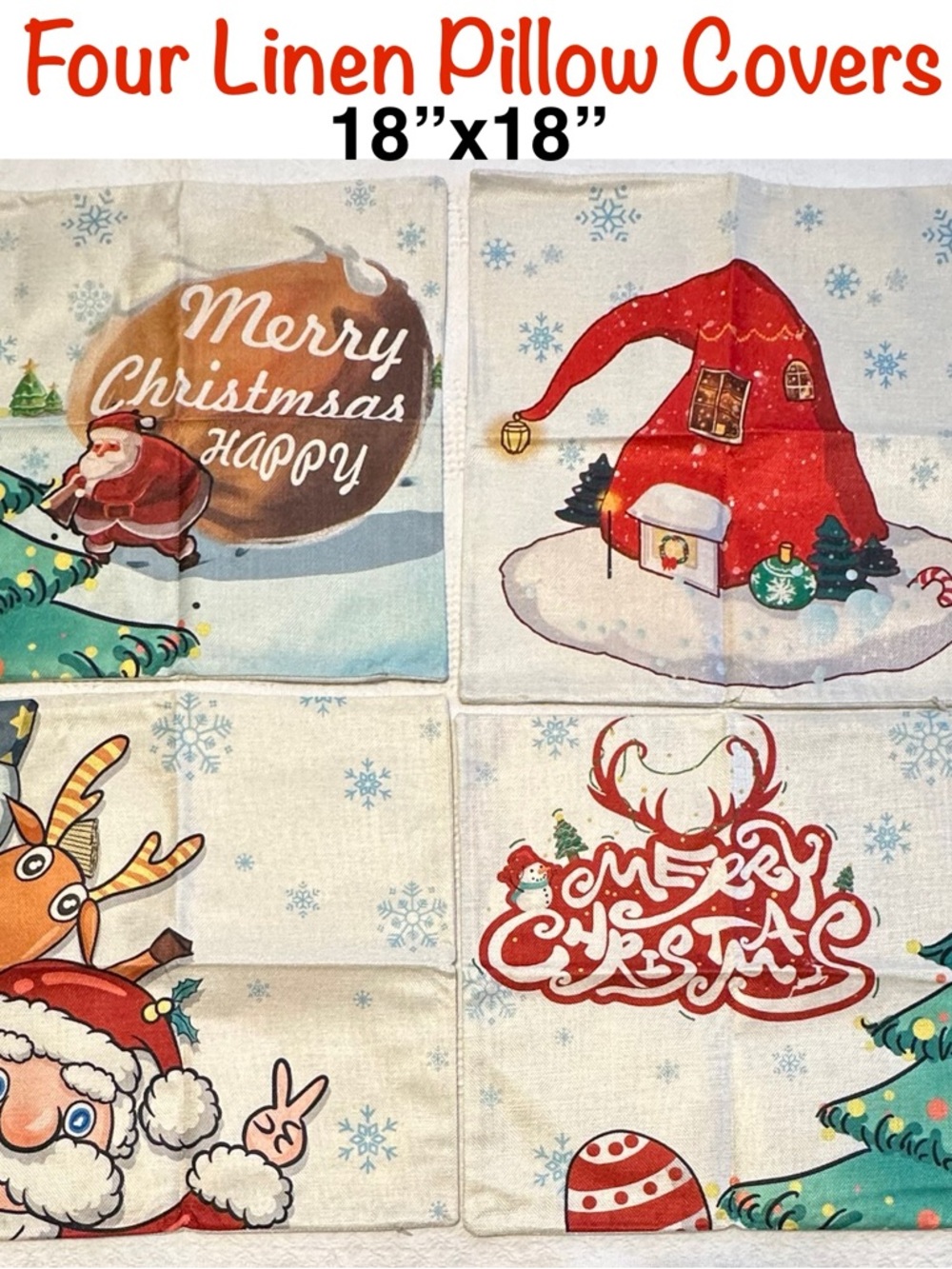 Holiday Linen Pillow Covers Cases Set of 4 Christmas Designs Home Decor 🎄